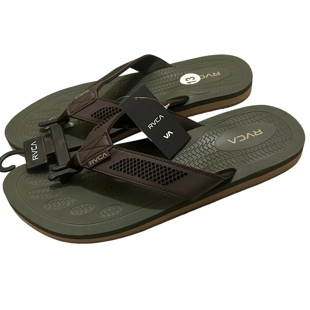 RVCA Perforated‎ TBar Mens Flip Flops Olive Green Brown Sandals 103063 Size 13